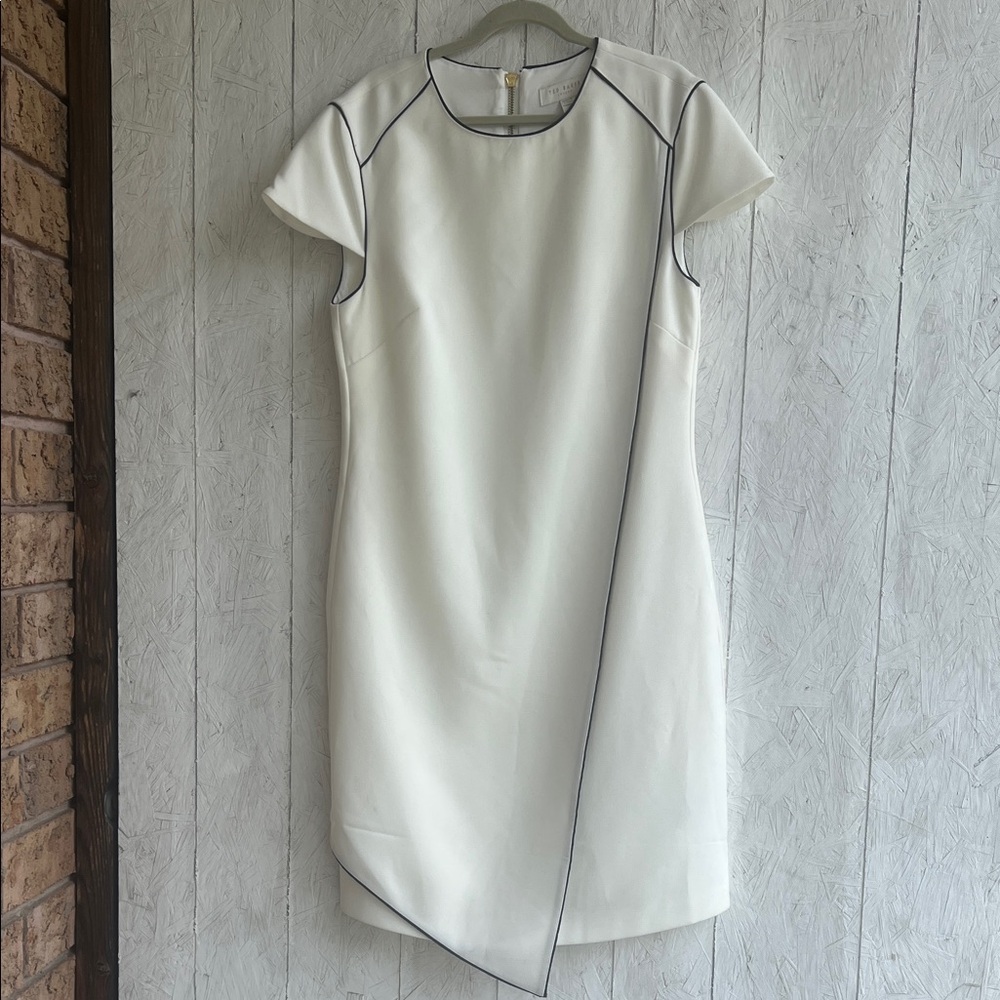 NWOT Ted Baker Cream Asymmetrical Dress with Black Piping, size Zero.